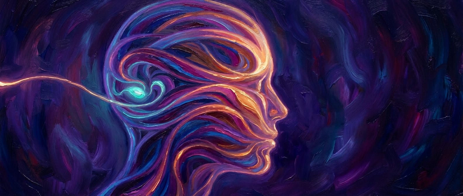 A head made of swirling luminous ribbons; a thin filament from outside places one foreign glowing thought among them