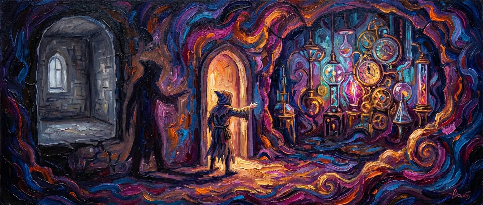 A robed figure at a doorway describes a room of glowing machinery; its shadow sketches a simpler room