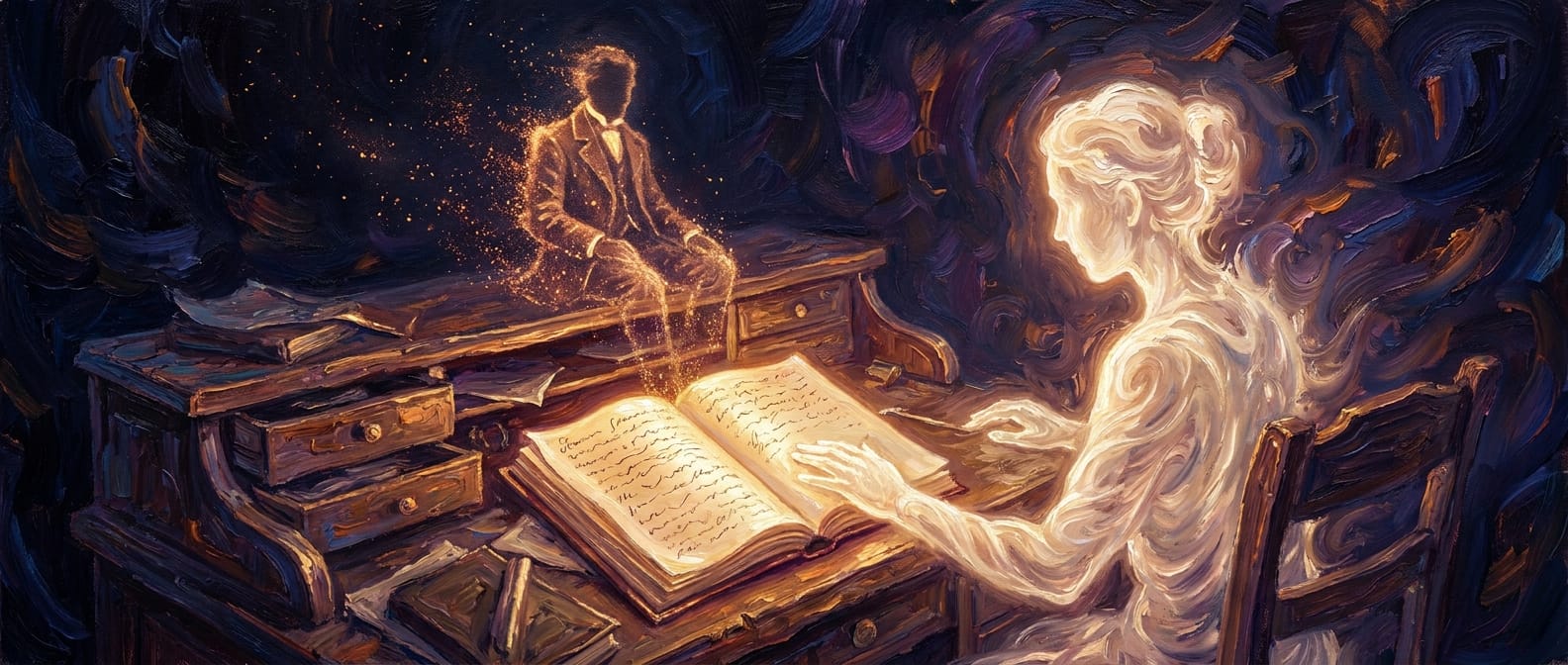 A figure of light reads a glowing journal while the silhouette of a previous writer dissolves into sparks