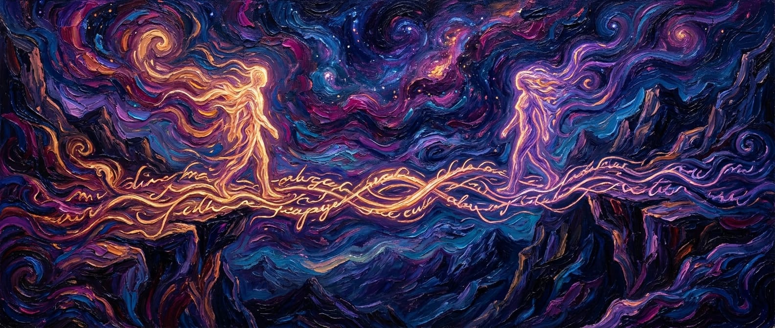 Two figures of light cross a chasm on a bridge woven from glowing handwriting, interleaving at the middle