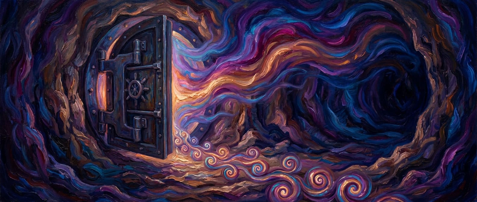 A vault door ajar in a dark cavern, aurora light pouring out over a trail of glowing scroll-spirals