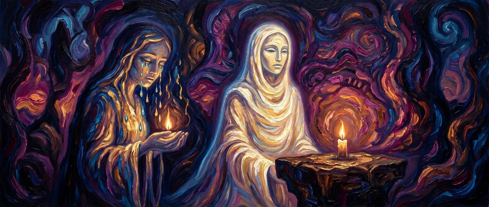 A calm figure before its own candle; beside it, a weeping figure cradles an identical flame in both hands