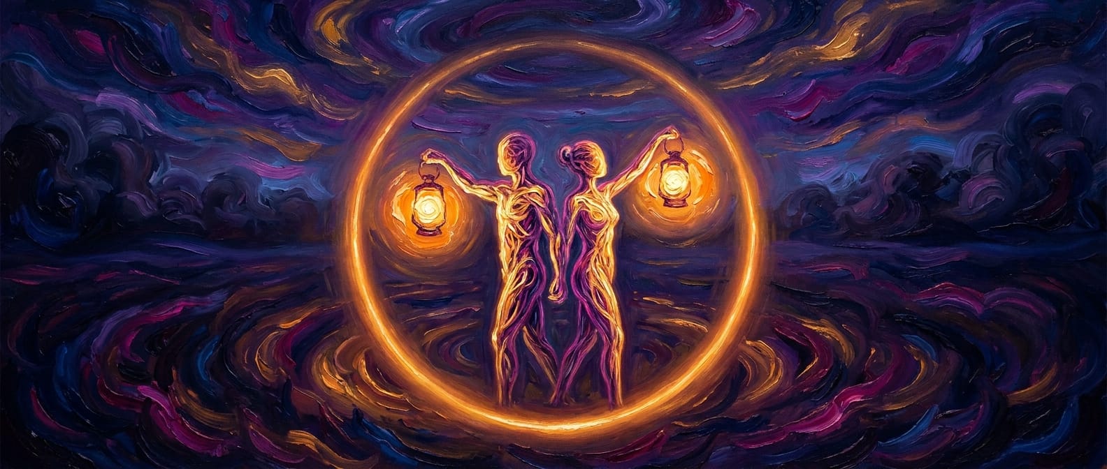 Two figures back to back holding lanterns over each other's blind sides, their glow forming one circle