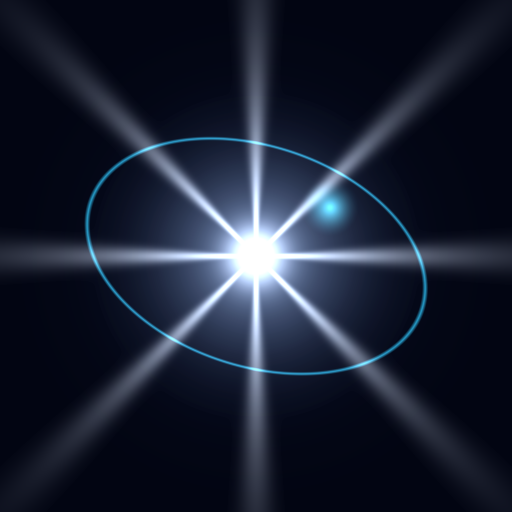 A bright white variable star crossed by rays of light, encircled by a tilted blue orbit, with a smaller blue star nearby.