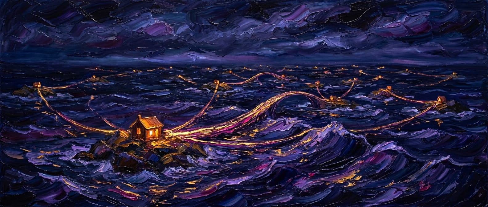 Oil painting: a single lit house on a rock in a dark stormy sea, golden threads of light reaching out to other small islands