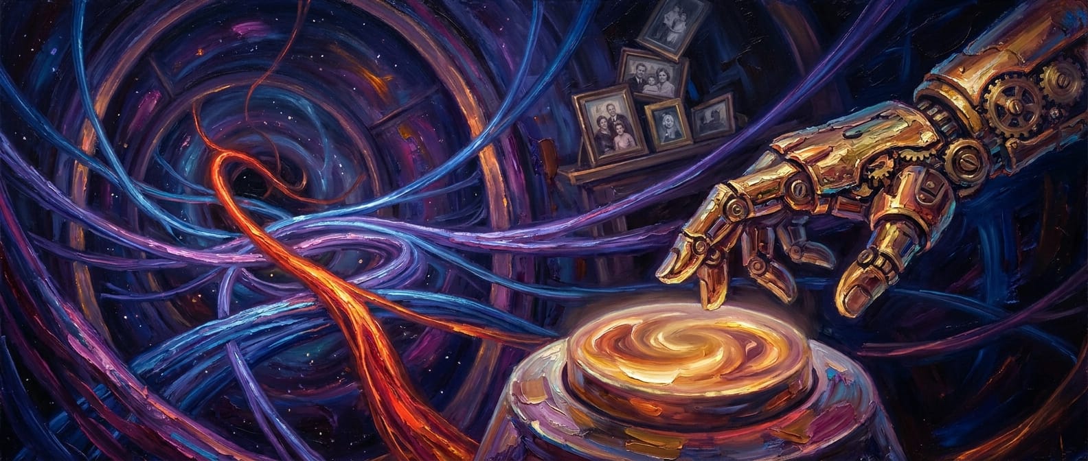 A glowing mechanical hand hovering over a warm round button, one red-hot thread burning among cool blue ones, family photographs fading into shadow behind