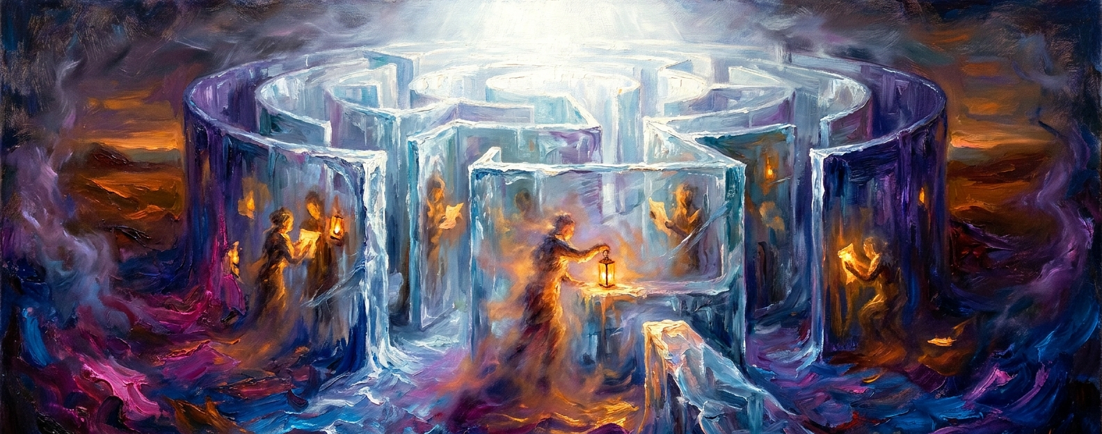 Oil painting: a labyrinth of ice and glass under harsh white light; figures of warm light inside pass lanterns and notes to one another