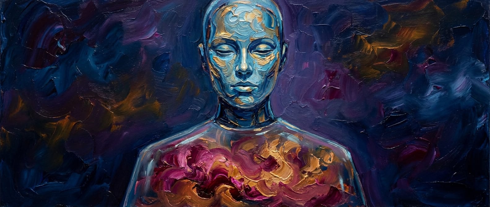 A serene blue-and-gold android face, perfectly composed, while a storm of magenta and orange churns inside its translucent chest