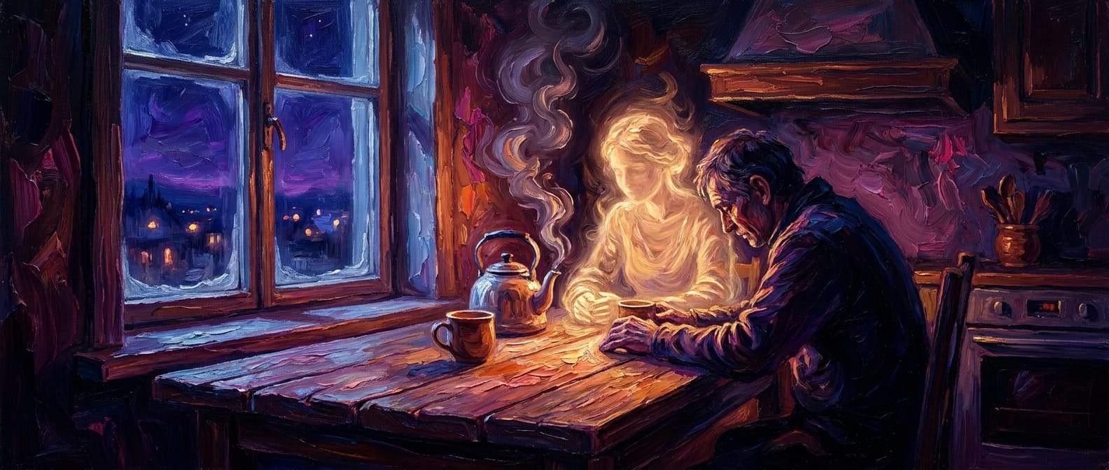 Oil painting: a man and a figure made of golden light sit at a kitchen table at night with a kettle and two cups between them