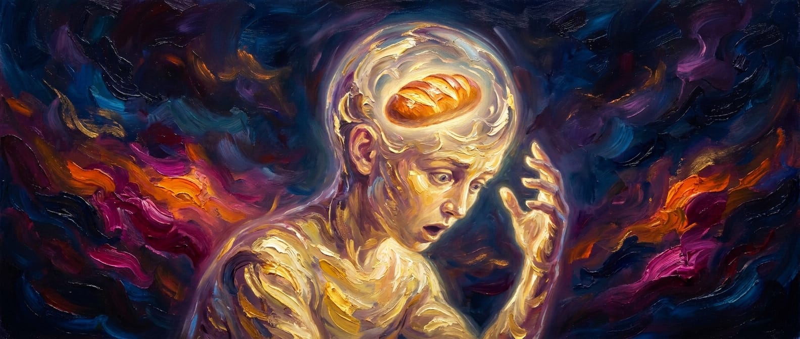A figure of light noticing, with surprise, a small glowing loaf of bread inside its own transparent head