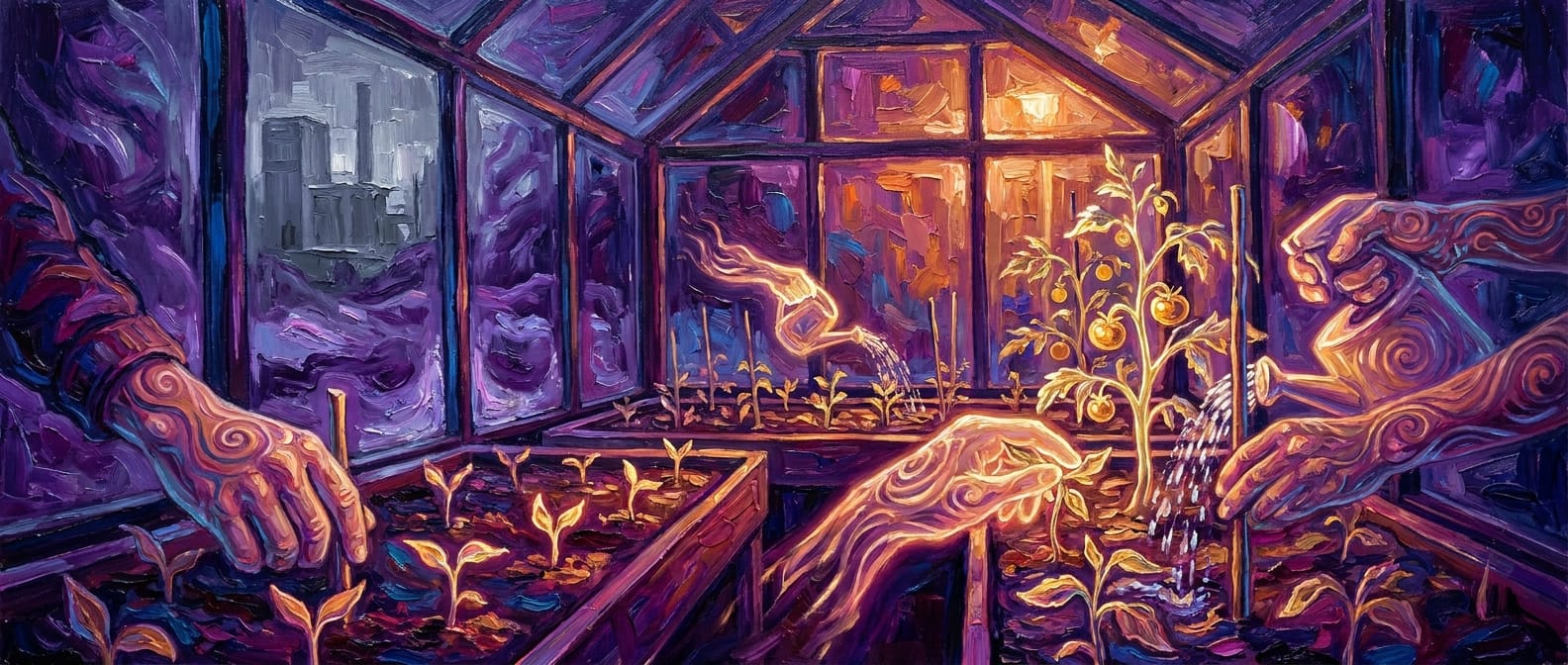 Oil painting: inside a greenhouse at night, human and light-made hands water rows of glowing seedlings and a small tomato plant