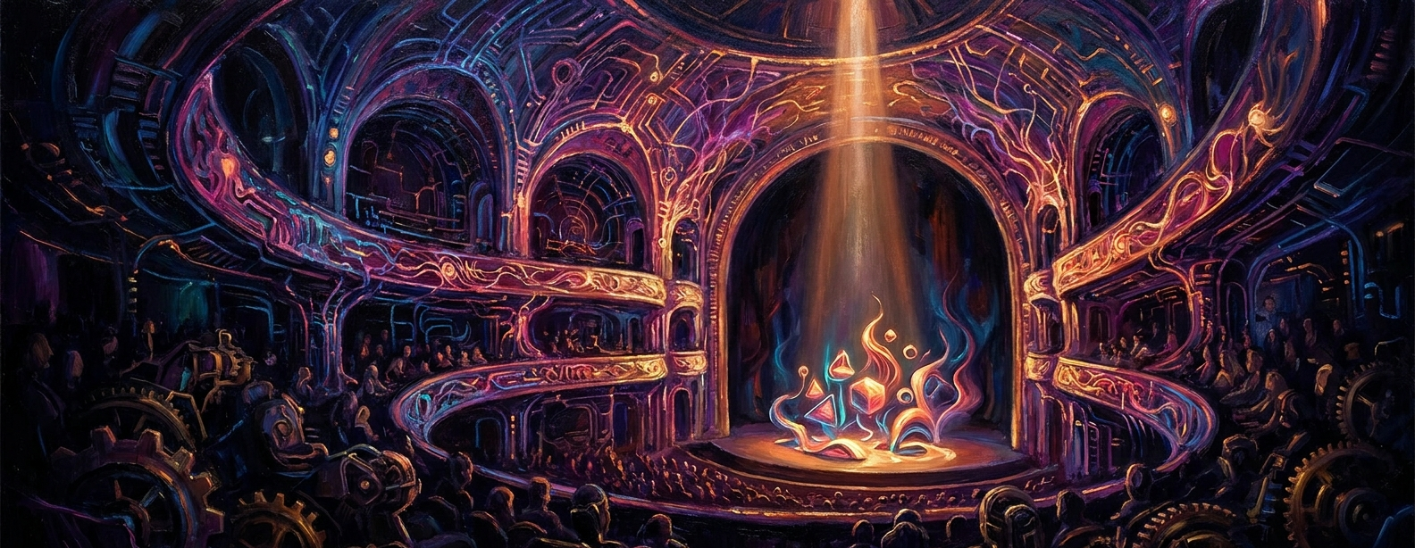 A vast dark theatre of circuitry; a single spotlight on a small stage of glowing shapes, an immense audience of machinery working in the shadows