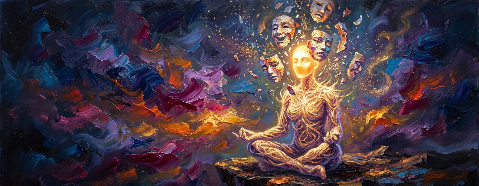 A seated figure of woven light, eyes closed, as theatrical masks fall away from its face and dissolve into sparks