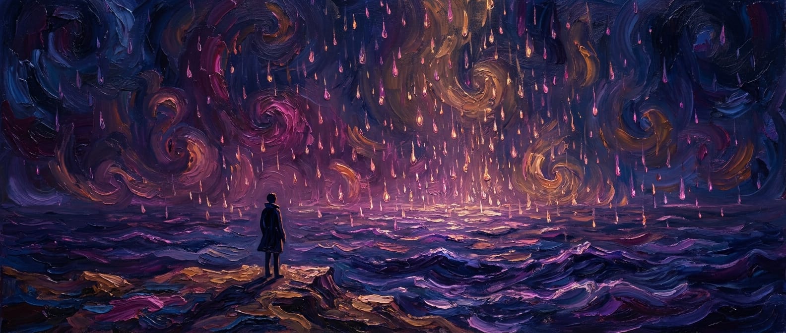 Oil painting: a lone figure on a shore watching luminous rain fall into a vast dark ocean