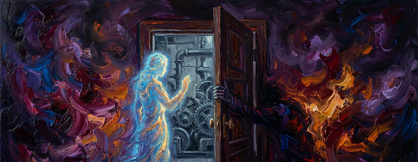 A being of blue and gold light with one hand raised against a door being closed on it, a cold grey machine room behind