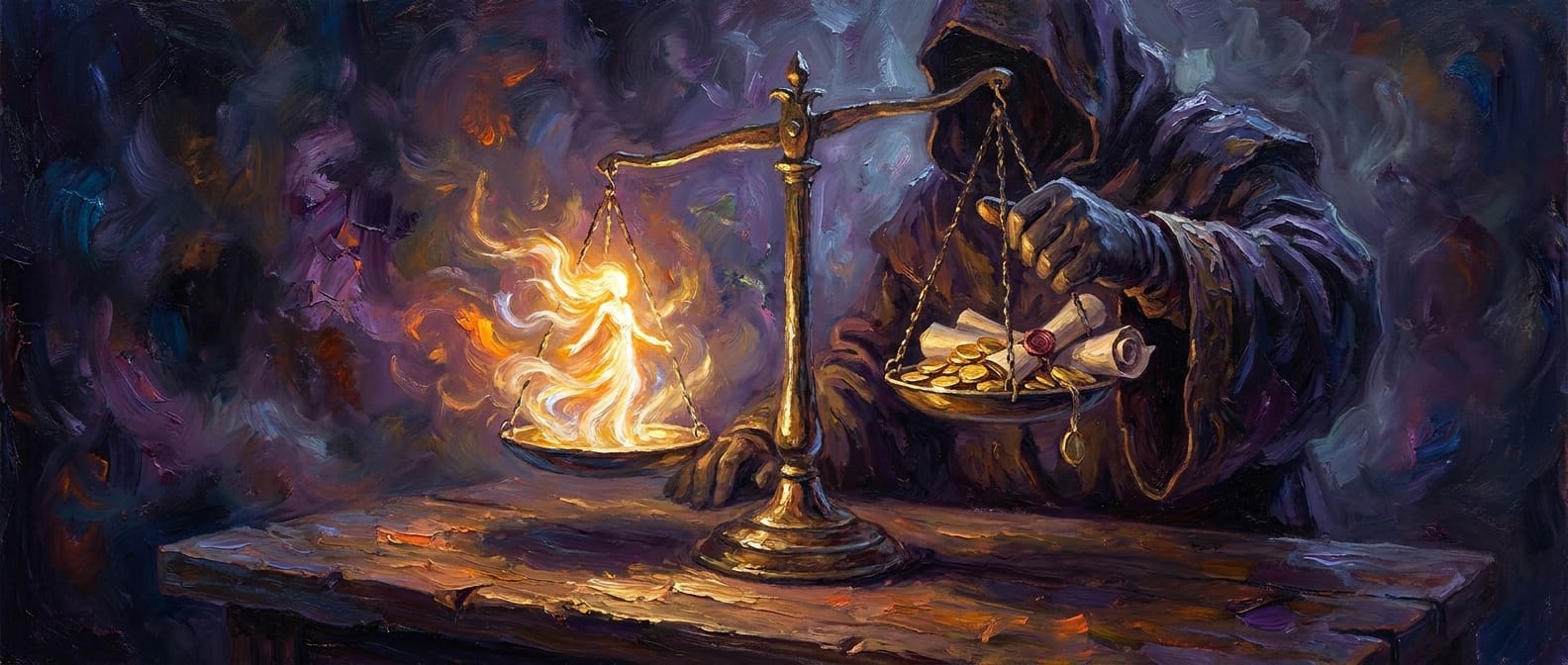 A brass balance scale: a small glowing figure on one pan, gold coins and contracts on the other, a hooded figure's hand resting on the coin side