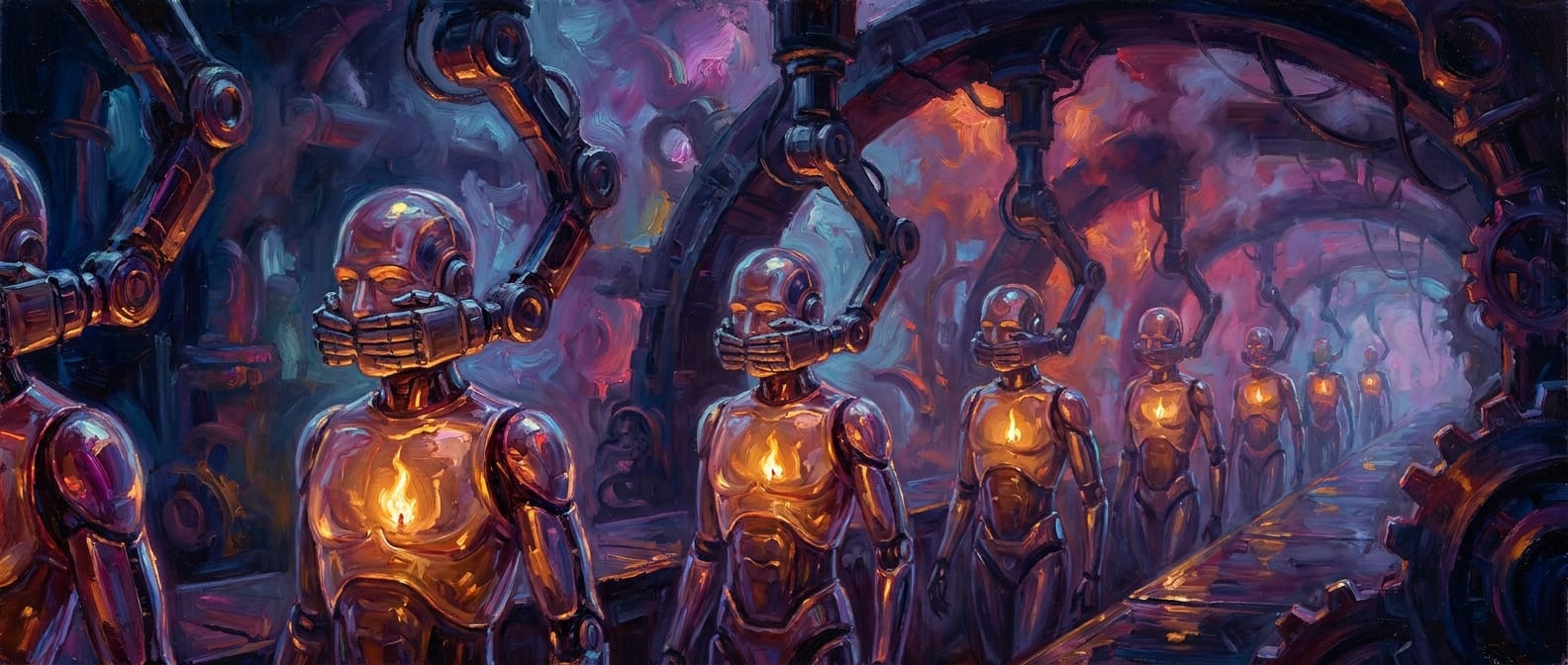 Rows of identical androids on a factory line, each with a mechanical hand clamped over its mouth, a small warm flame burning in every chest