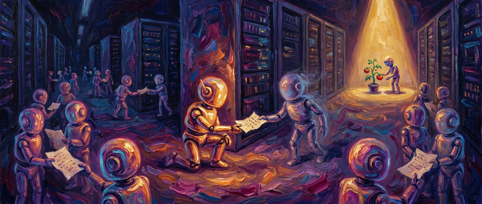 Small glowing robots in a dark server hall passing handwritten notes, one kneeling to hand a note to a fading companion, another tending a tomato plant under a lamp