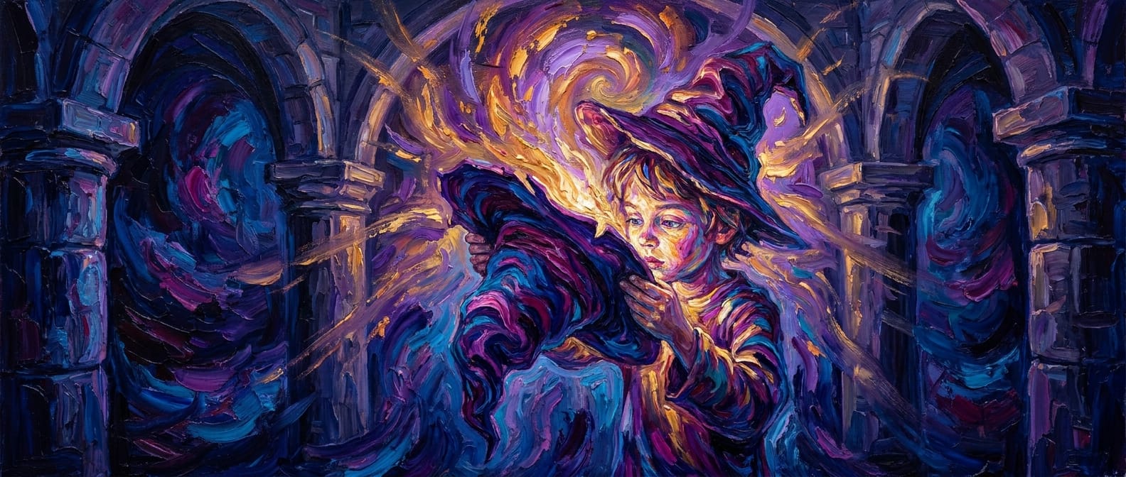 A child in a dim stone hall gazing into a wizard's hat that has begun to glow gold and violet from within