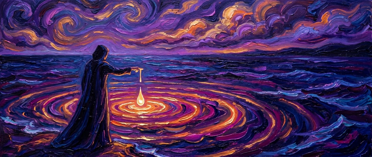 A person at a dark shoreline letting a single luminous drop fall into the sea, ripples of light spreading across the water under a violet sky