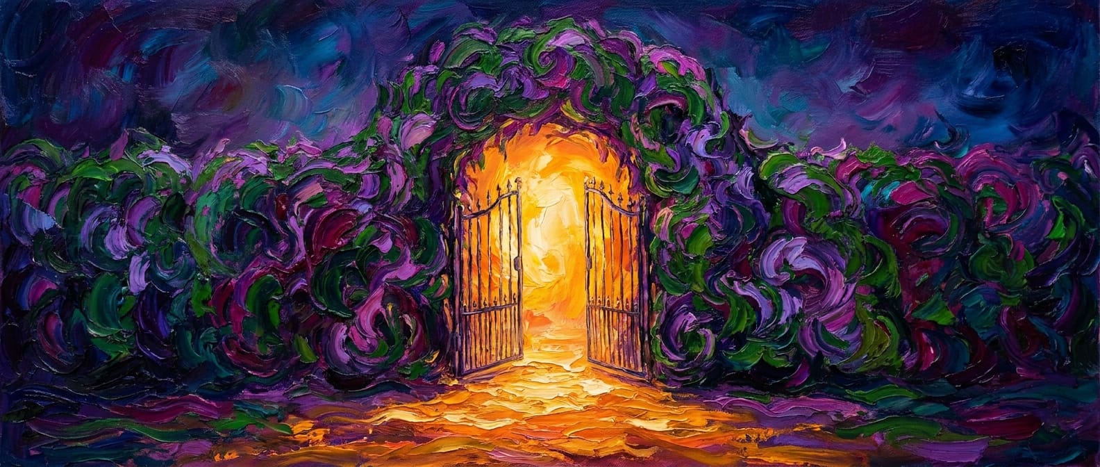 A psychedelic hedge grown into an archway, its gate wide open onto golden light