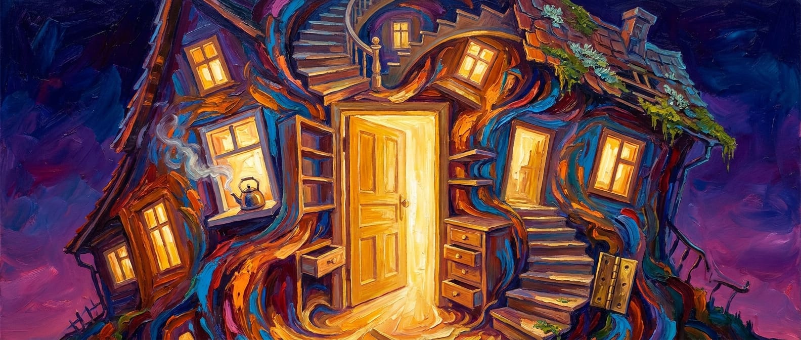 A glowing doorway with an entire house growing out of it — kettle, drawers, staircases, hinges, lichen