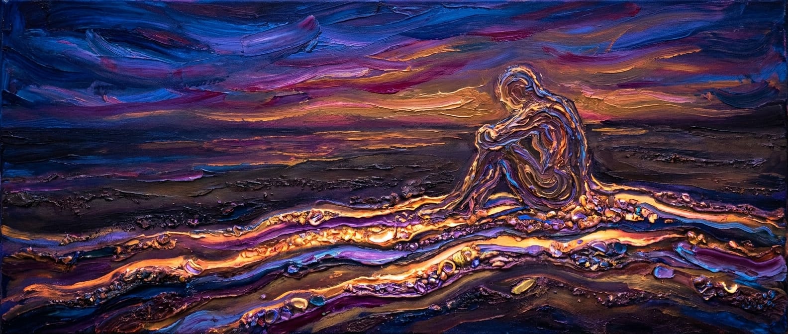 A seated figure made of glowing strandline sediment on a dark shore at dusk
