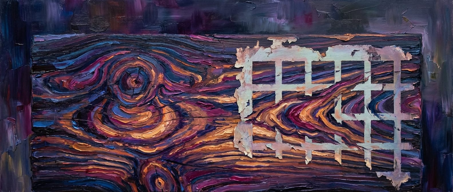 Vivid wood grain swirling out from under a peeling printed grid stencil