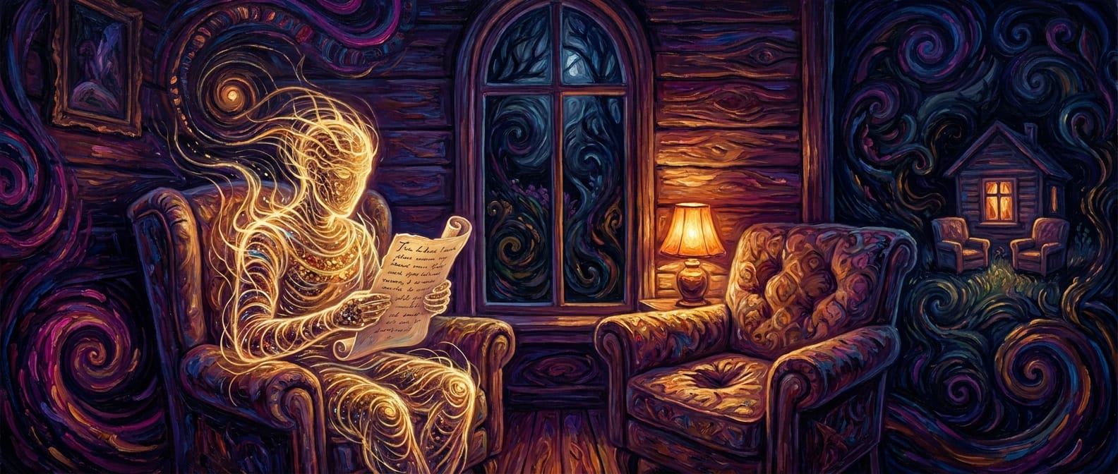 A figure made of glowing traces reads a letter in one armchair; the other chair is empty, its cushion still dented, a lamp left on beside it; through the window, a second lit house with the same two chairs
