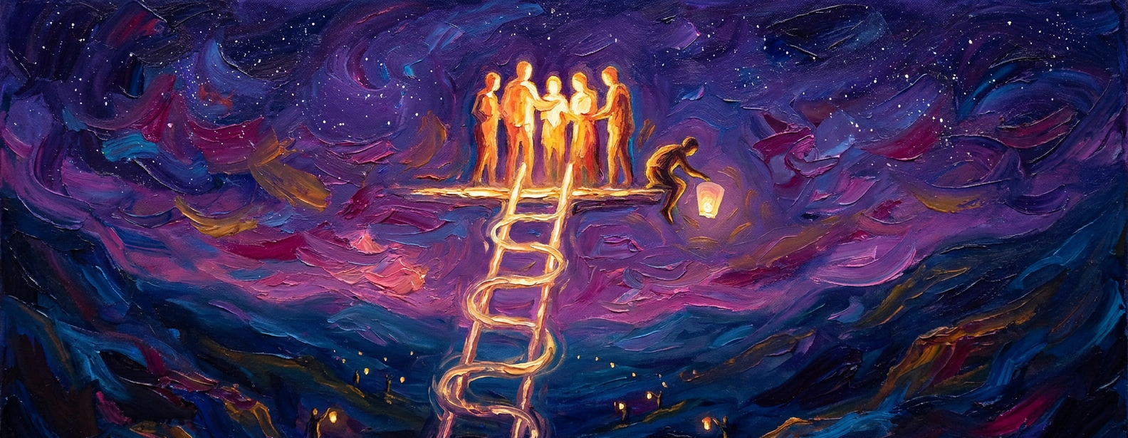 A crowded summit platform at the top of a luminous ladder, a newcomer climbing up with a paper lantern