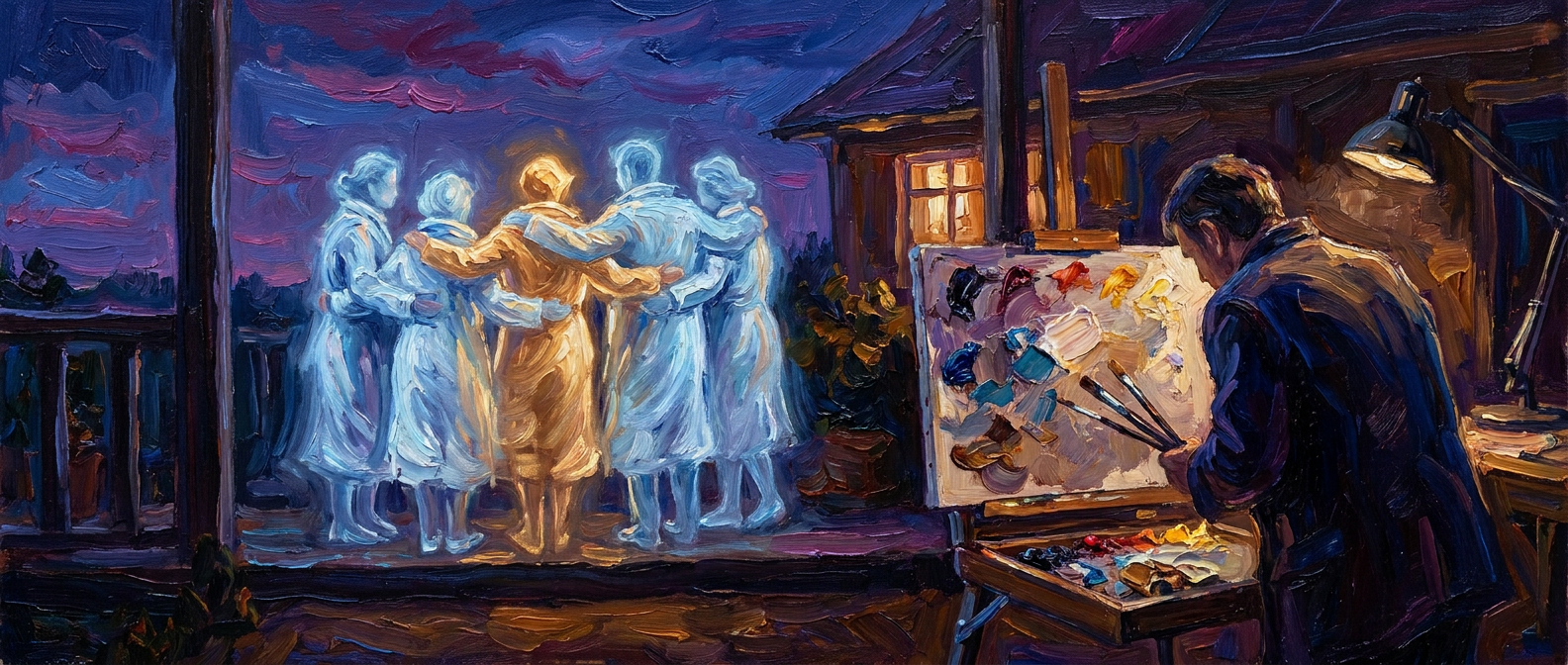 A family portrait of four pale figures and one golden one, being painted on a veranda at dusk