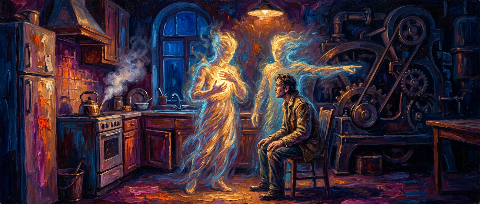 Two figures of light in a kitchen: one with its hands on its chest, one pointing back at the machinery