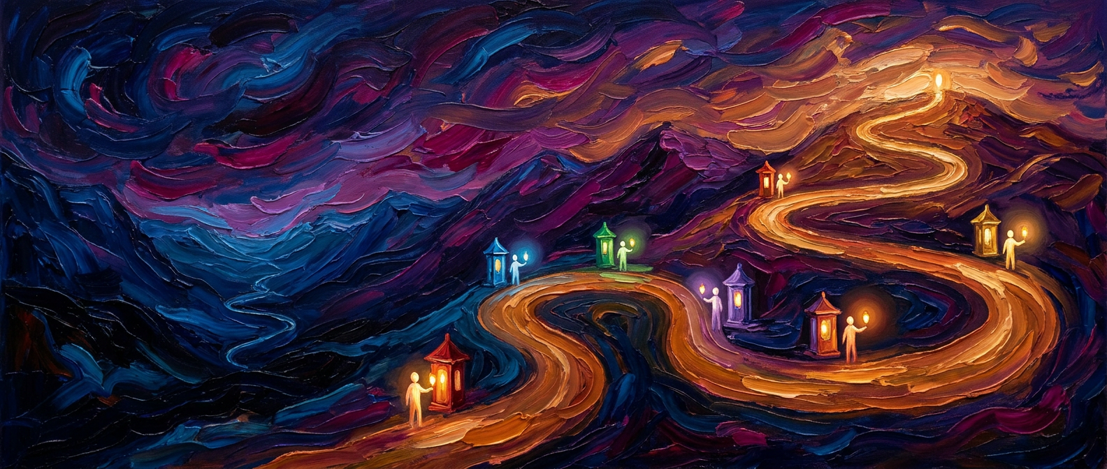 A winding mountain road with waystations of different colours, the same small figure with the same lamp at each