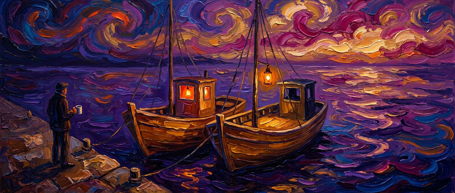 Two identical boats at dawn, one lamp inside the cabin and one on the mast