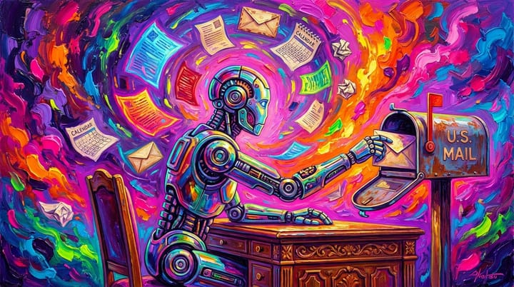 A robot at a desk reaching into a mailbox, surrounded by floating envelopes and calendar pages - psychedelic oil painting style