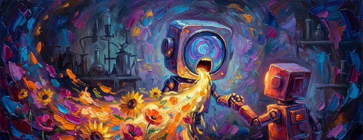 A small boxy robot screaming a stream of golden light and flowers in a dark laboratory, while a second robot reaches out to take its hand